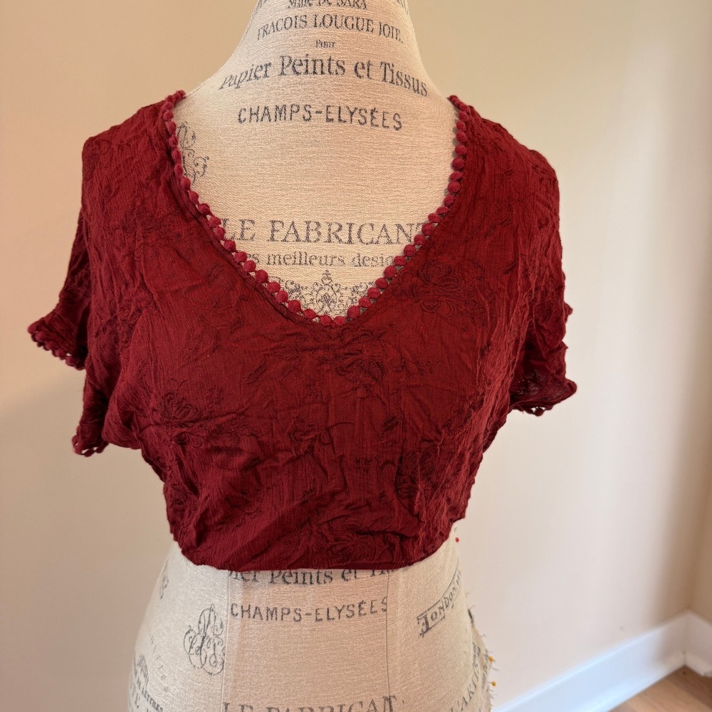 Current + Project Women's Brown Embroideried Pom Pom Sleeve Crop Top Size S